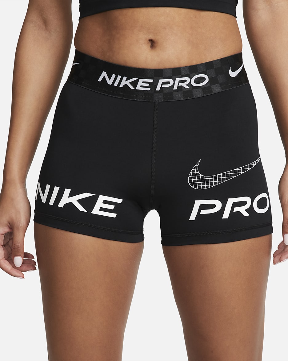 Nike Pro Dri FIT Women s Mid Rise 8cm approx. Graphic Training Shorts. Nike BE